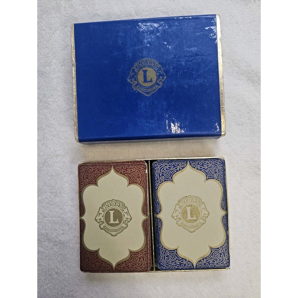 Double Deck Vintage LIONS CLUB INTERNATIONAL PLAYING CARDS & Case U.S. Card Co.